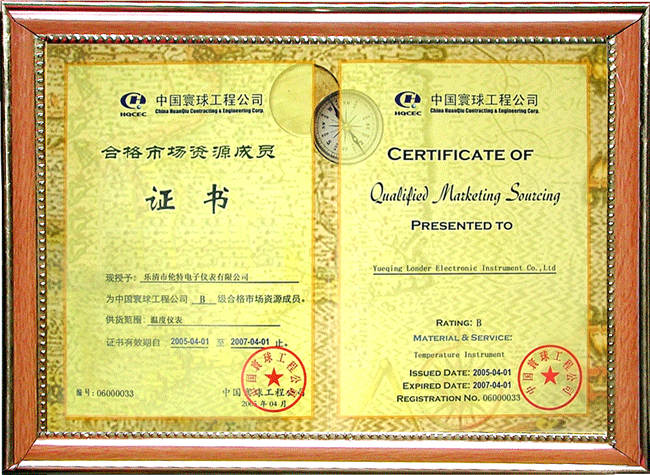 Certificate of Qualified Market Resource Member of China Huanqiu Contracting&Engineering Corporation